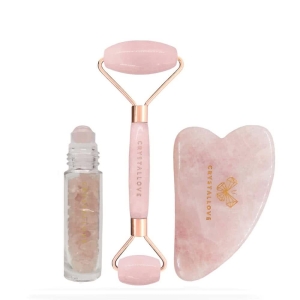 CRYSTALLOVE Rose Quartz Beauty Set : roller do twarzy + płytka gua sha + buteleczka roll-on