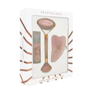CRYSTALLOVE Rose Quartz Beauty Set : roller do twarzy + płytka gua sha + buteleczka roll-on