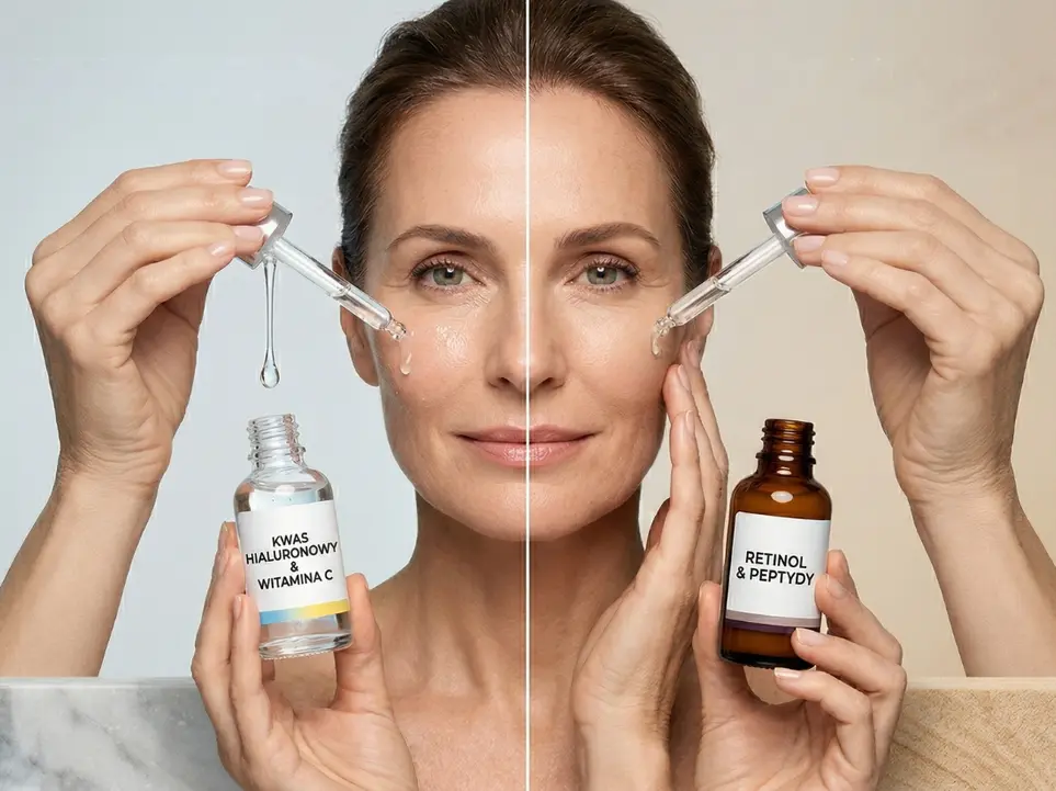 Kobieta nakłada serum na twarz – porównanie kosmetyków z natychmiastowym efektem (kwas hialuronowy i witamina C) oraz długofalowym działaniem (retinol i peptydy)