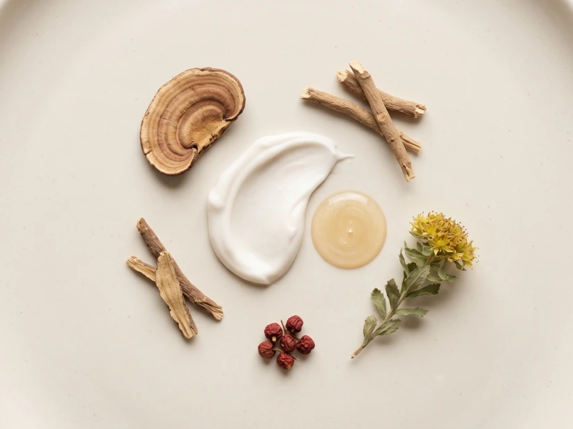 Minimalistyczna kompozycja z białym kremem, serum oraz naturalnymi adaptogenami: grzybem reishi, ashwagandhą, różeńcem górskim i cytryńcem chińskim na jasnym tle.