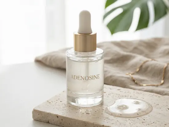 Szklana buteleczka luksusowego serum z pipetą i złotym napisem "ADENOSINE", stojąca na jasnym, porowatym kamieniu. Obok znajduje się kropla przezroczystego kosmetyku. W tle widać beżowy materiał, złoty łańcuszek i zielony liść rośliny.