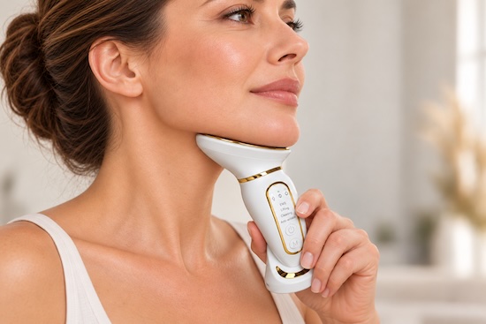kKobieta podczas pielęgnacji podbródka masażerem BAFFS Neck Therapy Wand.