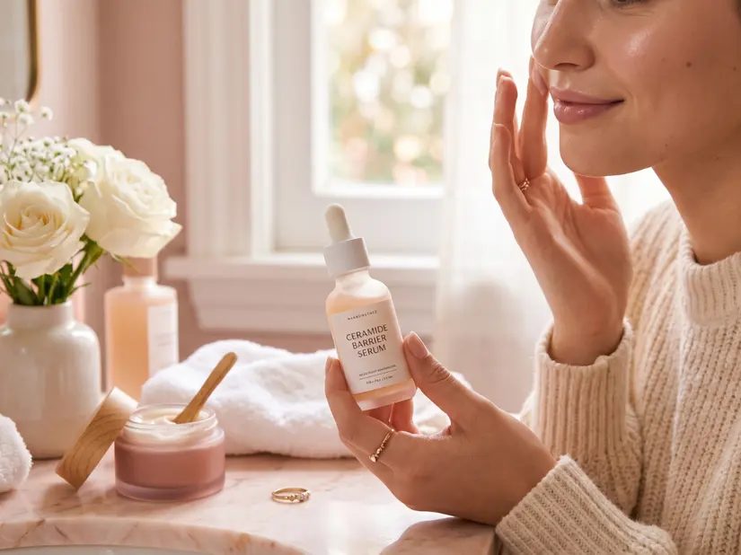 Młoda kobieta w przytulnej, jasnej łazience nakłada na twarz pielęgnacyjne serum. W dłoni trzyma buteleczkę z napisem "Ceramide Barrier Serum". Na marmurowym blacie obok niej stoją kosmetyki w estetycznych opakowaniach oraz mały wazon z białymi kwiatami. Zdjęcie w ciepłym, relaksującym klimacie (aesthetic skincare).
