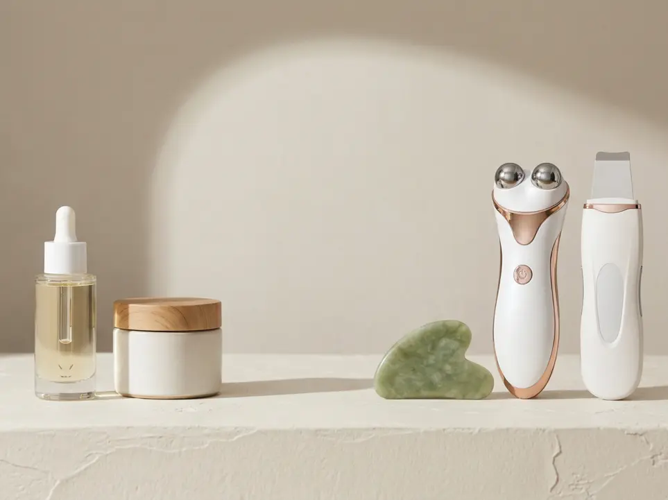 Zestaw produktów do pielęgnacji twarzy: kosmetyki w butelce i słoiczku, elektryczny masażer, peeling kawitacyjny i kamień Gua Sha na minimalistycznym tle.