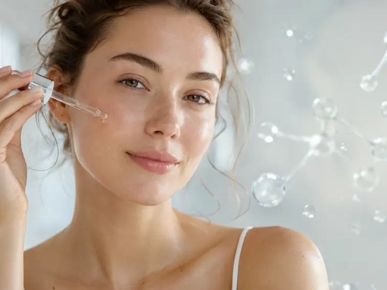 Naturalna modelka aplikująca serum z kwasem hialuronowym na nawilżoną skórę twarzy, w tle subtelne krople i struktury inspirowane cząsteczkami.