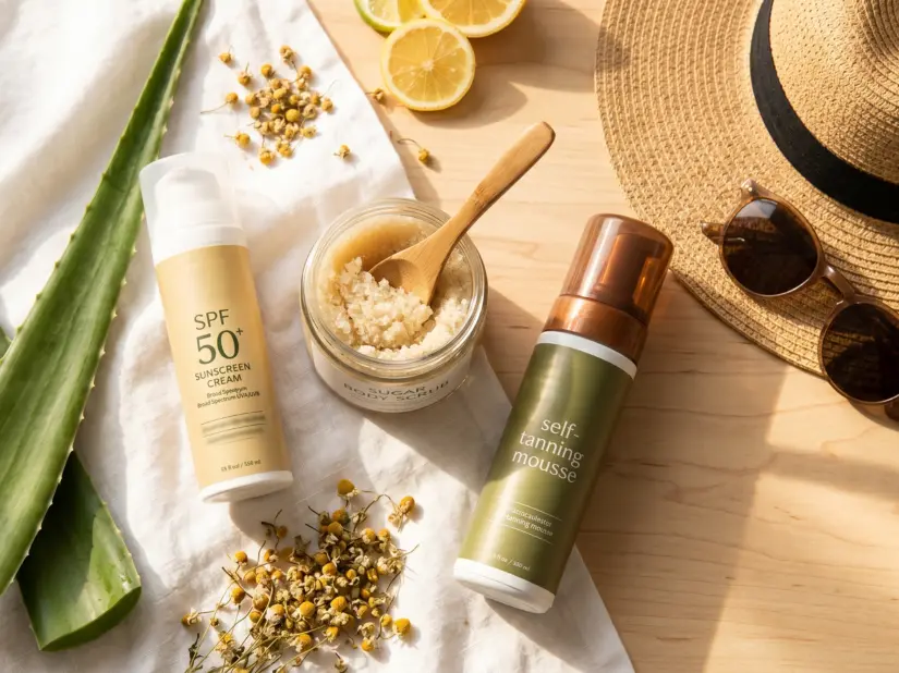 Letnia pielęgnacja ciała: samoopalacz Inbane, krem ochronny Hedison SPF 50+ i peeling cukrowy.