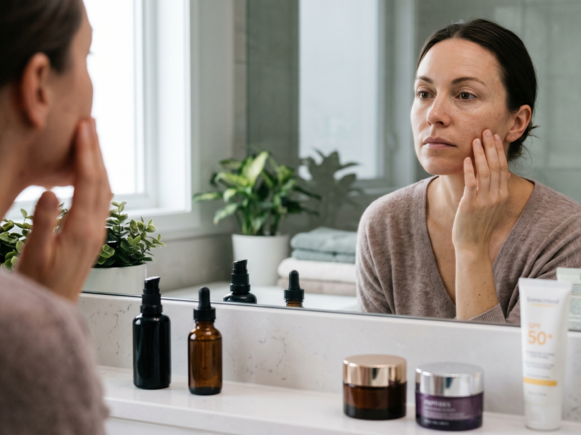 Kobieta po 30. roku życia przeglądająca się w lustrze w jasnej łazience, delikatnie dotykająca swojej twarzy. Na blacie przed nią znajduje się zestaw kosmetyków do pielęgnacji, w tym buteleczki z serum, słoiczki z kremem oraz tubka z filtrem SPF.