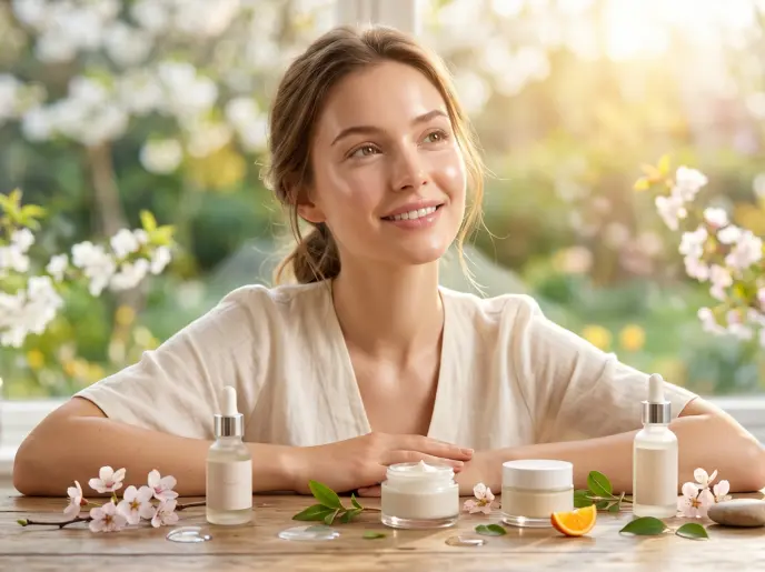 Uśmiechnięta młoda kobieta z promienną cerą siedzi przy drewnianym stole, na którym znajdują się butelki z serum z pipetami, słoiczki z kremem, gałązki kwitnącej wiśni i plasterek pomarańczy. W tle widać jasny, nasłoneczniony ogród przez duże okno, tworząc atmosferę świeżości i naturalnej pielęgnacji skóry.