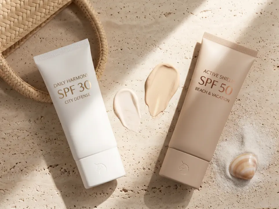 Porównanie kremów z filtrem: biała tubka kremu SPF 30 na co dzień do miasta oraz beżowa tubka kremu SPF 50 na plażę i wakacje. Obok leżą wyciśnięte próbki konsystencji, fragment plecionej torby i muszelka na jasnym, kamiennym tle.