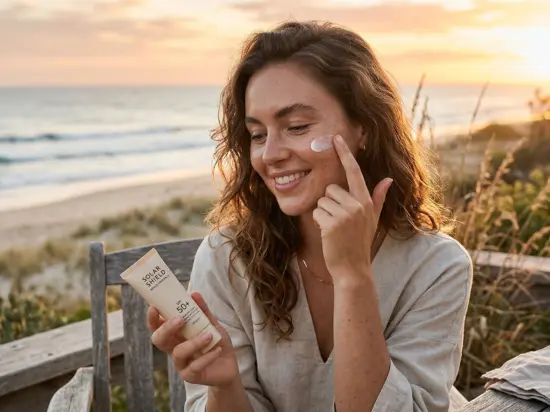 Naturalna, uśmiechnięta kobieta z długimi, falowanymi włosami nakłada na twarz krem z filtrem SPF 50. W dłoni trzyma tubkę z kosmetykiem.