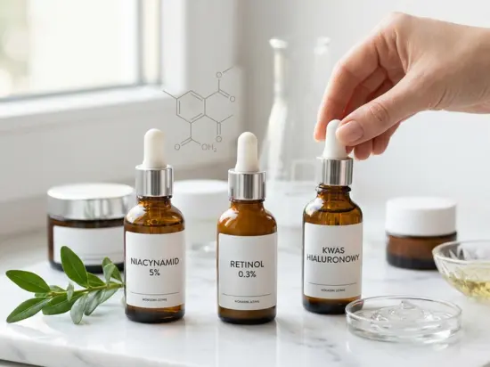 Trzy buteleczki z serum (Niacynamid, Retinol, Kwas Hialuronowy) na jasnym blacie, jedna z nich trzymana przez kobiecą dłoń.