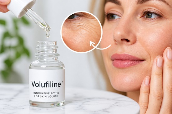 Kobieta dotykająca policzka podczas pielęgnacji serum Volufiline