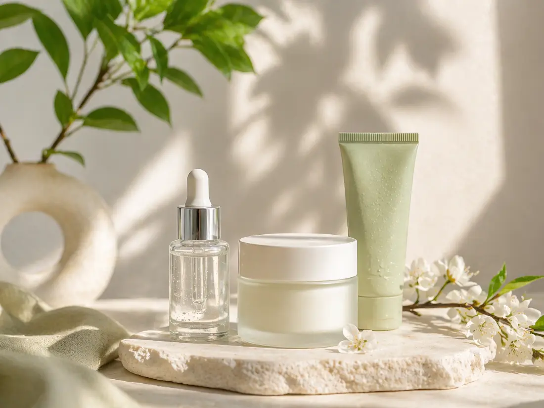  Minimalistyczna kompozycja kosmetyków do pielęgnacji twarzy na wiosnę – lekkie serum, krem i żel w naturalnym świetle, na tle zielonych liści i kwiatów, symbolizujących świeżą, lekką rutynę pielęgnacyjną.