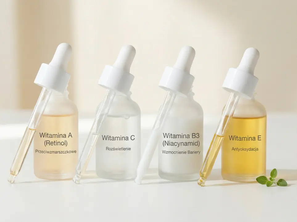 Minimalistyczne kosmetyki z witaminami: szklane buteleczki z serum do pielęgnacji twarzy (witaminy A, C, B3, E).